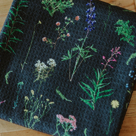 Tea Towel - Alaskan Wildflowers, Vintage Black